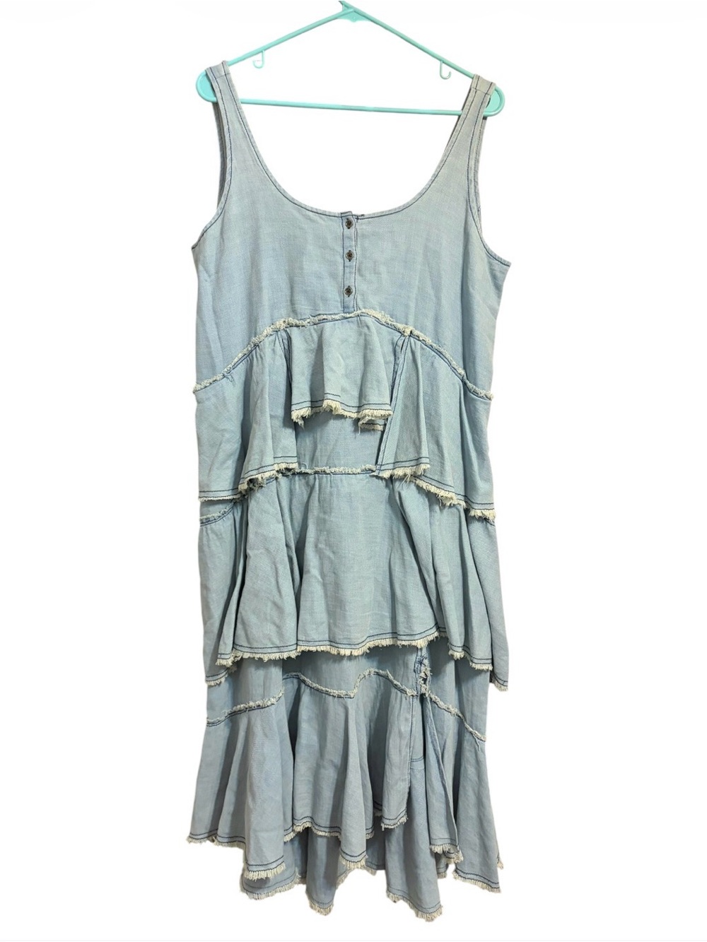Pilcro Anthropologie Tiered Ruffle Denim Midi Dress Blue Boho Western L - Picture 4 of 7